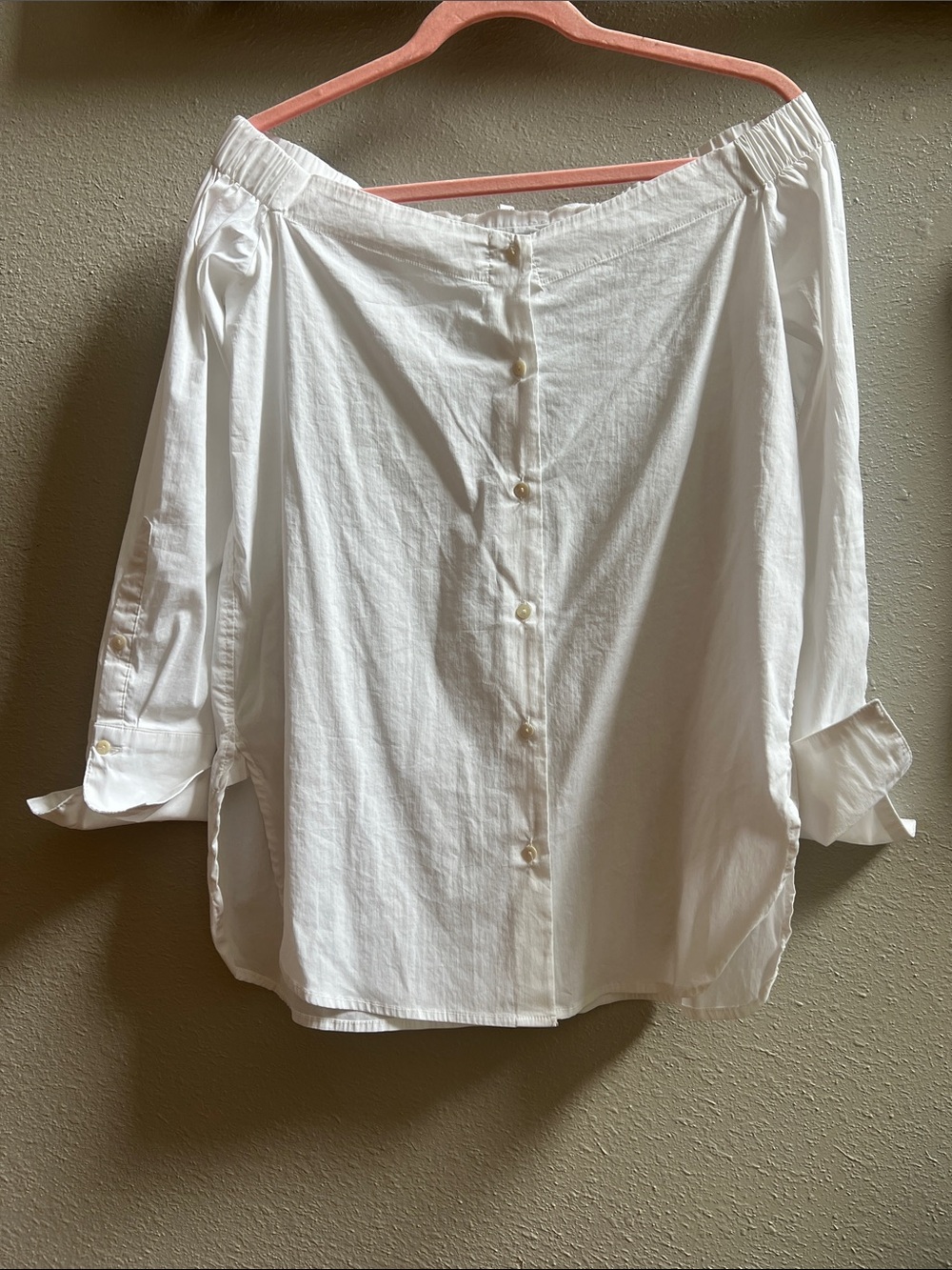 Olivaceous White Off-Shoulder Button-Back Peasant Blouse